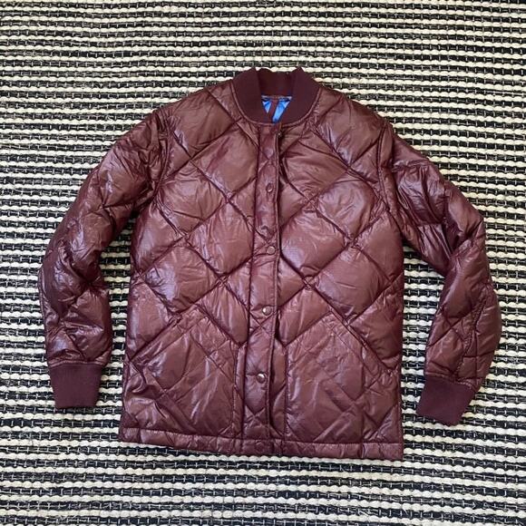 🌿 J Crew Womens Burgundy Blue Quilted Down Puffer Bomber Collection Jacket XXS - Picture 2 of 10